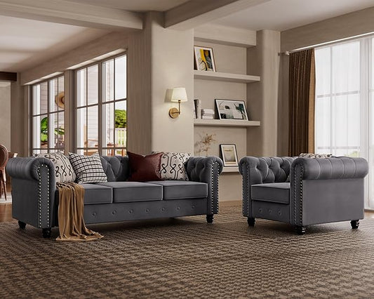 Morden Fort 2 Piece Classic Chesterfield 4-Seater Set, Tufted Chair & Sofa Furniture Solid Wood Legs Thick Cushion, Pet-Friendly Couch Set for Living Room Bedroom Apartment, Velvet Grey