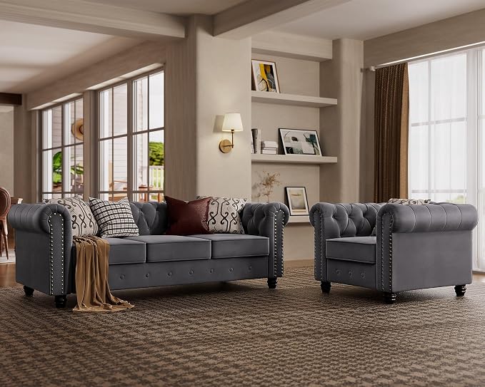 Morden Fort Classic Chesterfield Sofa Chair Set, Tufted Arm Chair Sofa with Solid Wood Legs Thick Cushion, Pet-Friendly Sofa Couch Chair for Living Room Bedroom Reading Room - Velvet Grey