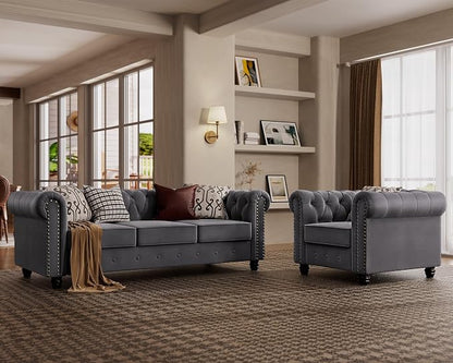 Morden Fort Classic Chesterfield Sofa Chair Set, Tufted Arm Chair Sofa with Solid Wood Legs Thick Cushion, Pet-Friendly Sofa Couch Chair for Living Room Bedroom Reading Room - Velvet Grey