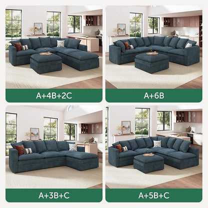 HONBAY Corduroy Ottoman, 31.5 Inch Square Ottoman Bench with Storage for Living Room, Blue