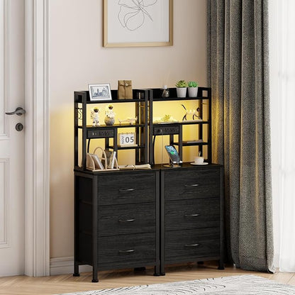 Furnulem Tall Night Stand with 3 Fabric Drawers and LED Lights, Nightstand with Bookshelf, 45.3inch Tall Bedside Tables with USB Ports in Bedroom, Dorm, Office,Metal Frame, Wood Shelves (Black Oak)