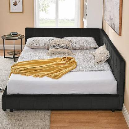 Bellemave Queen Size Corner Bed Frame with Comfortable Backrest and Armrests, Velvet Tufted Corner Bed Frame Queen Size, Upholstered Daybed for Bedroom, Living Room, Guest Room, Black