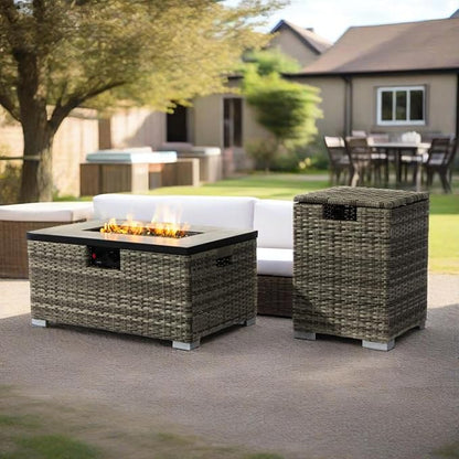 GDFStudio 32" Propane Fire Pit Table with Tank Holder, 50000 BTU Outdoor Gas Fire Table with Ceramic Top & Wicker Base, Steel Firepit with Lid & Cover for Patio Garden Backyard, 2-Piece Set, Beige