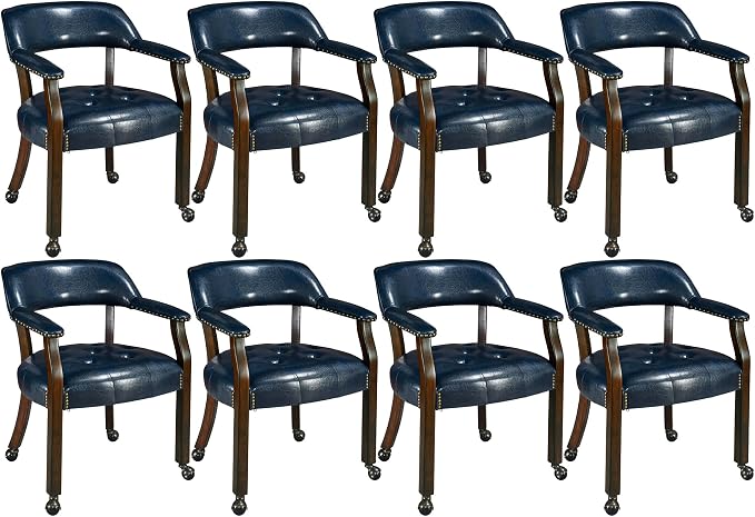 LEEMTORIG Set of 8 Dining Chairs with Casters and Arms, Large Rolling Dining Chairs with Wheels, Solid Wood Poker Chairs Boss Caption's Chairs Office Chairs, Espresso Legs & Dark Blue SY-318-LB