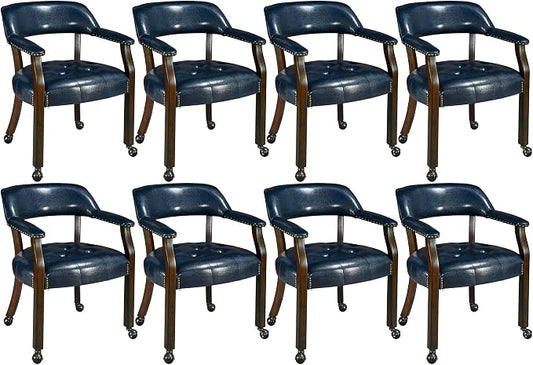 LEEMTORIG Set of 8 Dining Chairs with Casters and Arms, Large Rolling Dining Chairs with Wheels, Solid Wood Poker Chairs Boss Caption's Chairs Office Chairs, Espresso Legs & Dark Blue SY-318-LB