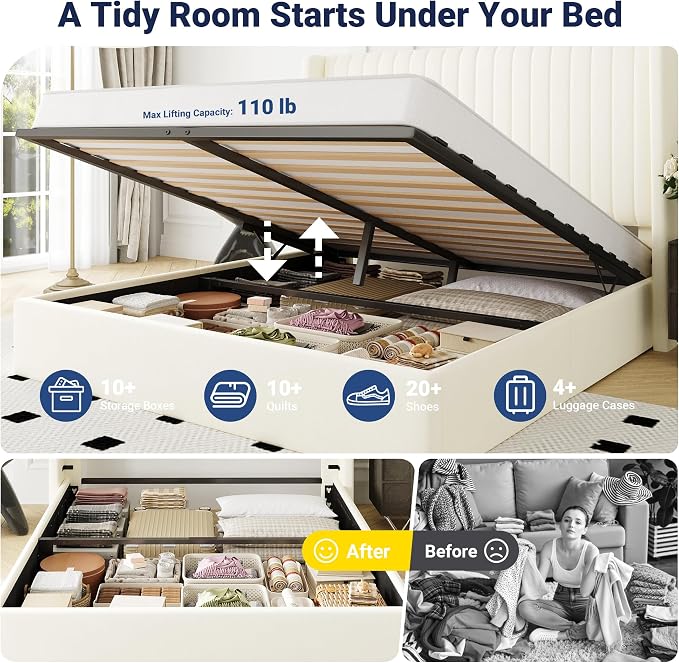 Allewie Queen Size Lift Up Storage Bed Frame, Hydraulic Support System, Upholstered Platform Bed Frame, Underneath Storage, Vertical Channel Tufted Headboard with Wingback, No Box Spring Needed, Cream