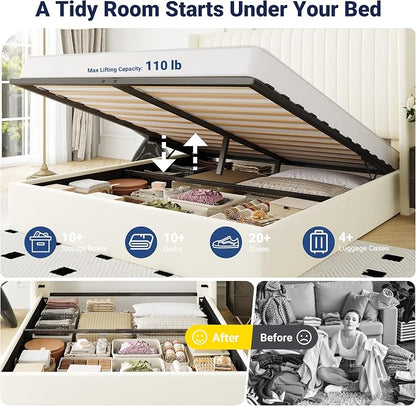 Allewie Queen Size Lift Up Storage Bed Frame, Hydraulic Support System, Upholstered Platform Bed Frame, Underneath Storage, Vertical Channel Tufted Headboard with Wingback, No Box Spring Needed, Cream