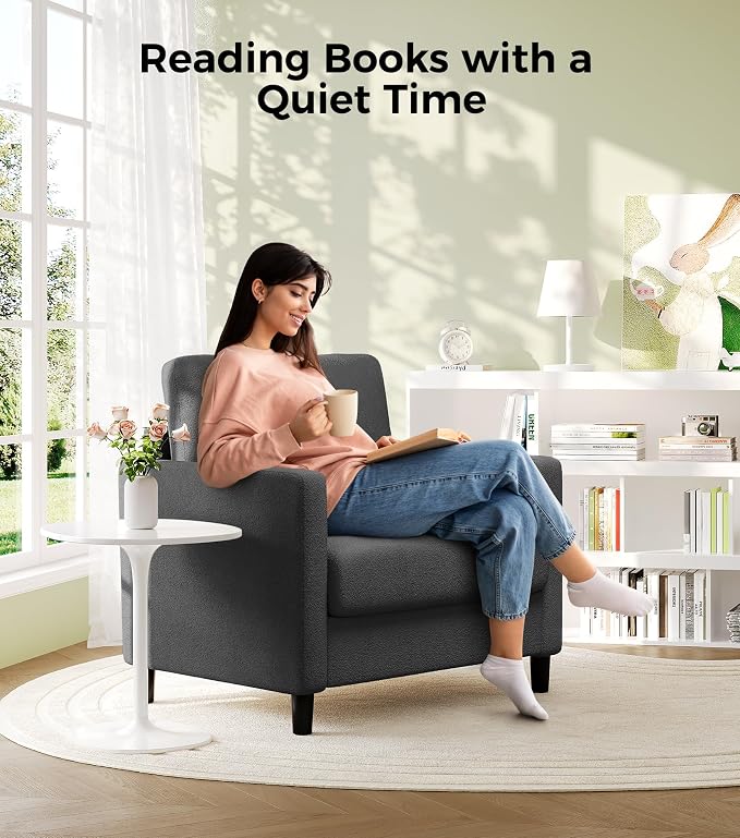 Welzona Sofa Accent Chair, 33" Reading Chair for Bedroom, Tool-Free Setup Living Room Accent Chairs, Comfy Arm Chairs Living Room, All-Wood Reading Nook, Grey