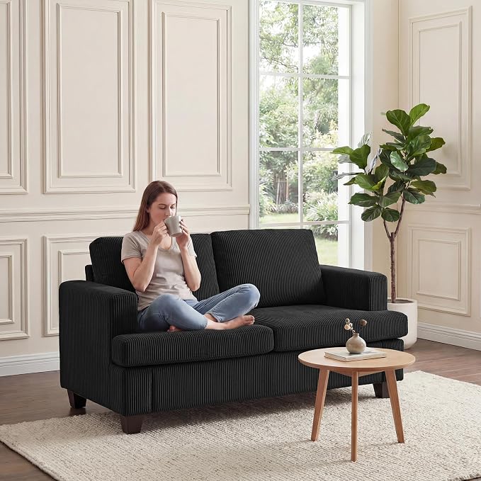 Apicizon Loveseat & 3 Seater Sofa Sets, 89" Couch Sofa Set for Living Room Furniture, 2 Piece Modern Sleeper Sofa with Deep Seat Cloud Couch for Apartment Lounge, Black Corduroy