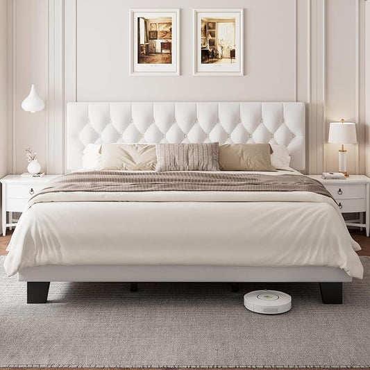 Einhomn King Size Upholstered Bed Frame with Headboard, Tufted Button Linen Bed Base, Platform Bed with Heavy Duty Wood Slat Support, No Box Spring Needed, Easy Assembly, Noise-Free, White