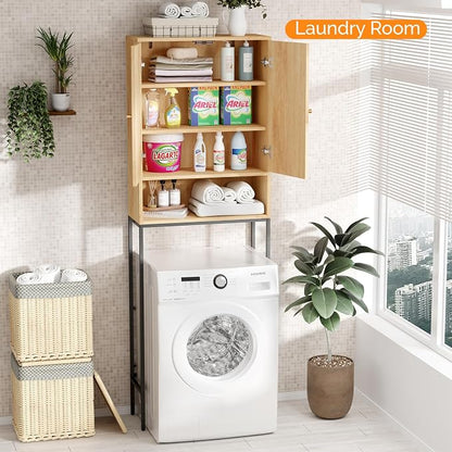 VINGLI Over The Toilet Storage Cabinet, Rattan Bathroom Organizer Behind Toilet,Above Metal Stand Rack Tall Freestanding Wood Cabinet with Wicker Doors,Adjustable Shelf for Bathroom,Restroom,Bohemian