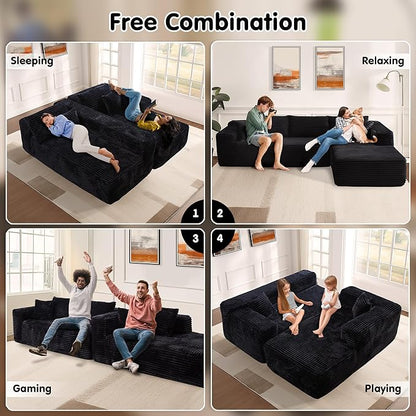 ovios 104" Cloud Boneless Couch with L-Shape Chaise,Modern Sectional Modular Sofa with Deep Seat, Upholstered Couches for Living Room Bedroom,No Assembly Required, Black (Plush Corduroy Fabric)