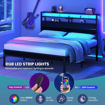Sweetcrispy Bed Frame King Size with LED Lights and Charging Station, Sturdy Platform Beds Frame with Storage Drawers, 3-Tier Shelves and Under Bed Storage, No Box Spring Needed, Black