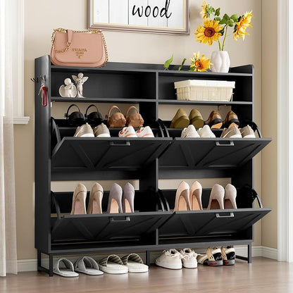 BORNOON Shoe Cabinet with 4 Flip Drawers Narrow Shoe Storage Cabinet Organizer Wooden Freestanding Shoe Rack Hidden Slim Shoes Storage Cabinet for Entryway, Hallway, Living Room, Bedroom