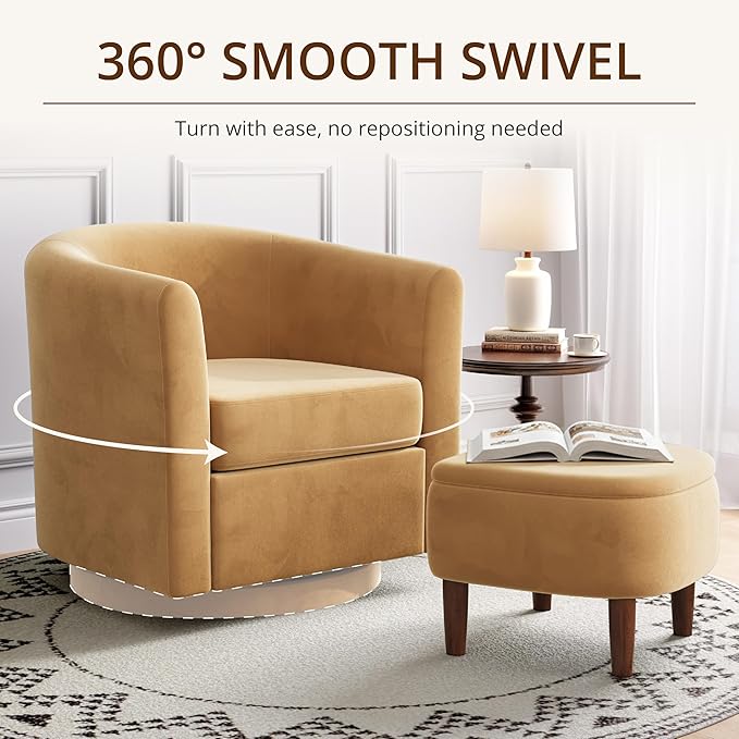 Swivel Accent Chair with Storage Ottoman, Small Modern Velvet Barrel Chair, Upholstered Armchair with Footrest for Living Room/Reading/Bedroom, 24.8'' D x 25.38'' W x 25.6'' H, Yellow