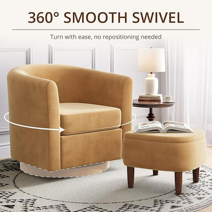 Swivel Accent Chair with Storage Ottoman, Small Modern Velvet Barrel Chair, Upholstered Armchair with Footrest for Living Room/Reading/Bedroom, 24.8'' D x 25.38'' W x 25.6'' H, Yellow