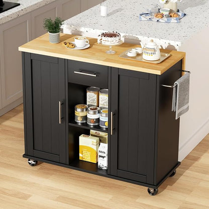 JY QAQA 42" Kitchen Island with Storage on Wheels, Rolling Table with Drop Leaf, Drawers, Cart Handle for Towel Rack or Free Movement, Black