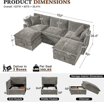 Ihanherry 103” Modular Sectional Sofa with Storage, U Shaped Cloud Couch with Movable Ottomans & 4 Pillows, Chenille Deep Seat Sectional Couches for Living Room, Apartment (Grey)