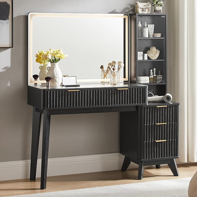 T4TREAM 48" Fluted Makeup Vanity Desk with Large 36" Mirror and Lights, Modern Glass Top Big Vanity Table w/5 Drawers & Adjustable Shelves, Dressing Table w/Charging Station for Bedroom, Black
