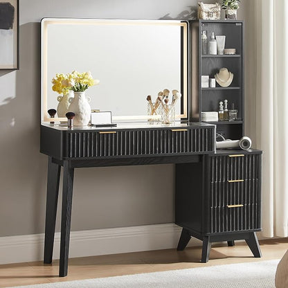 T4TREAM 48" Fluted Makeup Vanity Desk with Large 36" Mirror and Lights, Modern Glass Top Big Vanity Table w/5 Drawers & Adjustable Shelves, Dressing Table w/Charging Station for Bedroom, Black