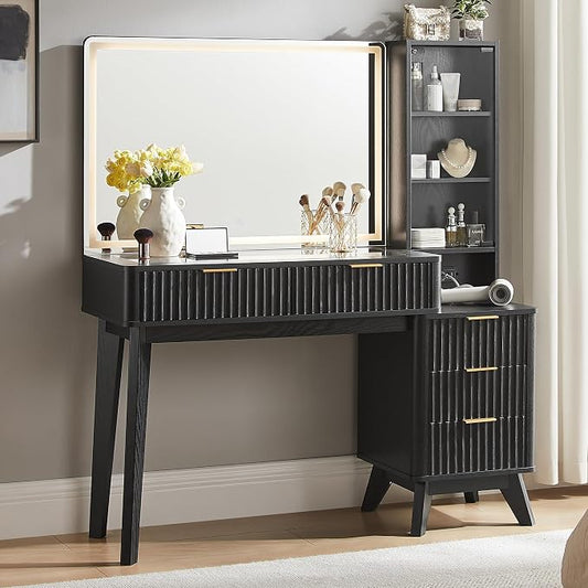 T4TREAM 48" Fluted Makeup Vanity Desk with Large 36" Mirror and Lights, Modern Glass Top Big Vanity Table w/5 Drawers & Adjustable Shelves, Dressing Table w/Charging Station for Bedroom, Black
