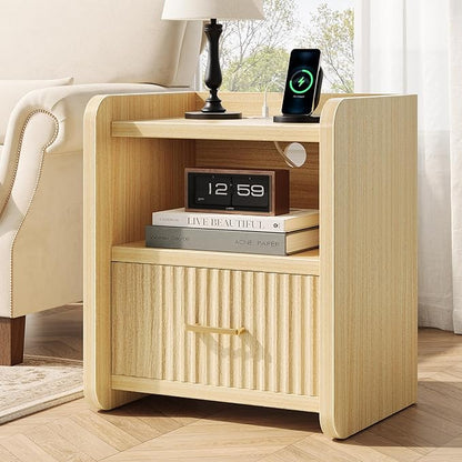 Night Stand with Charger Station - Modern Wood Nightstand with Drawer Storage, Fluted Wide Nightstands Bedside Table, Mid Century Night Stands for Bedroom Home Office Sofa, Natural