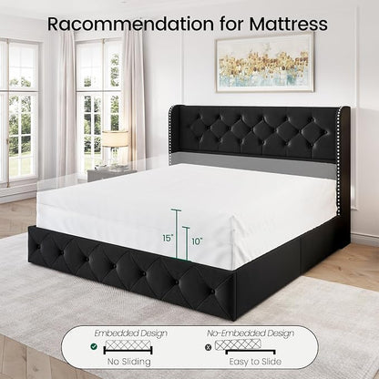LARMACE Queen Size Bed Frame with 4 Storage Drawers and 47.2" Tall Wingback Headboard Upholstered Platform Beds Velvet Tufted Bed Frame with Wooden Slats Support, Easy Assembly, Black