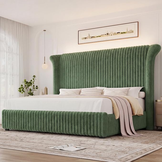 Keyluv King Bed Frame with 54.3” Tall Faux-Fur Wingback Headboard, Upholstered Platform Bed with LED Light, Mattress Foundation with Solid Wooden Slats Support, No Box Spring Needed, Noise-Free, Green