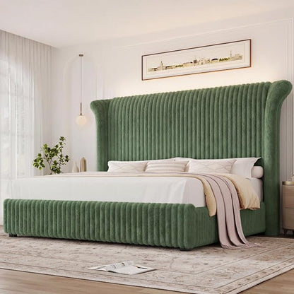 Keyluv King Bed Frame with 54.3” Tall Faux-Fur Wingback Headboard, Upholstered Platform Bed with LED Light, Mattress Foundation with Solid Wooden Slats Support, No Box Spring Needed, Noise-Free, Green