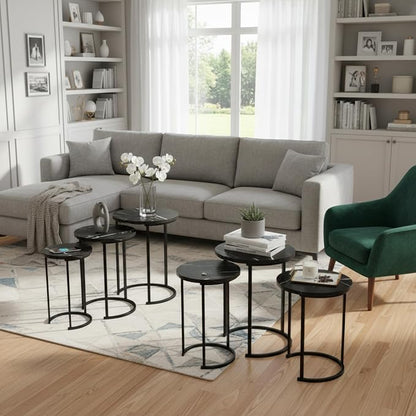 Lavish Home Nesting Tables - Set of 6 Modern Round Side Tables with Faux Marble Tops - Space Saving Accent Table Set for Living Room, Bedroom, or Home Office (Black)