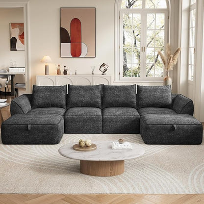 132" Modular Sectional Sofa with Deep Seat, U-Shaped Cloud Couch for Living Room, 4-Seater Boneless Sofa with 2 Ottomans, Flexible Combination Modern Upholstery Sofa, No Assembly Required, Dark Gray