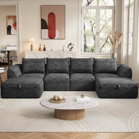 132" Modular Sectional Sofa with Deep Seat, U-Shaped Cloud Couch for Living Room, 4-Seater Boneless Sofa with 2 Ottomans, Flexible Combination Modern Upholstery Sofa, No Assembly Required, Dark Gray