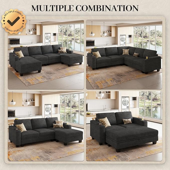 Belffin 52.8" Deep Storage Chaise Lounge with Cup Holder for Apartment Couch Dark Grey