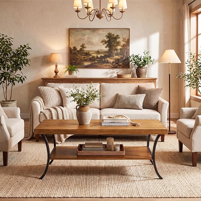 Solid Wood Coffee Table, 2-Tier Farmhouse Wood Coffee Table with Storage Shelf and Curved Metal Legs, 47" Center Table Industrial Rustic Living Room Tea Table