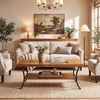 Solid Wood Coffee Table, 2-Tier Farmhouse Wood Coffee Table with Storage Shelf and Curved Metal Legs, 47" Center Table Industrial Rustic Living Room Tea Table