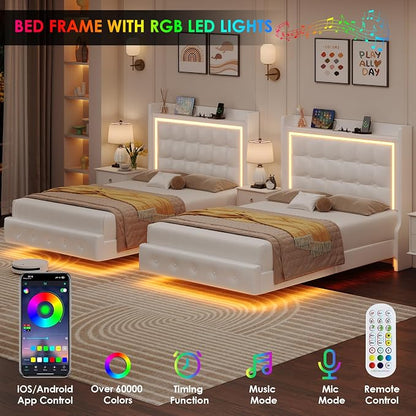 Keyluv Twin Floating Bed Frame with Storage Headboard, LED Lights & Charging Station Platform Bed, Soft Upholstered PU Leather, USB/Type-C Ports, Easy Assembly, White