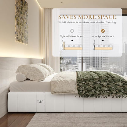 SHA CERLIN King Size Velvet Upholstered Platform Bed Frame with 4 Storage Drawers, Vertical Channel Tufted, Low Profile, Fits Standard Headboards, Wooden Slats Support, Easy Assembly, White