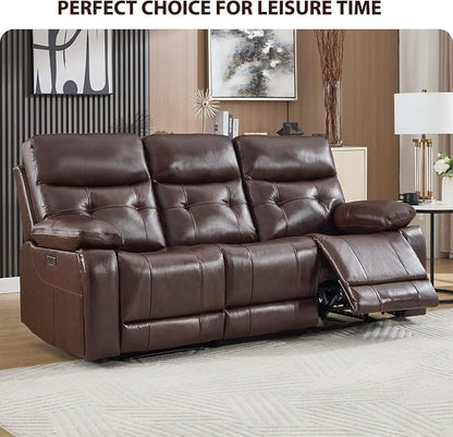 CANMOV Genuine Leather Power Recliner Sofa,3 Seater Reclining Sofa with Comfortable Arms and Back,Modern Electric Recliner Couch Set with Hidden Cup Holders,USB Port for Living Room,Dark Brown