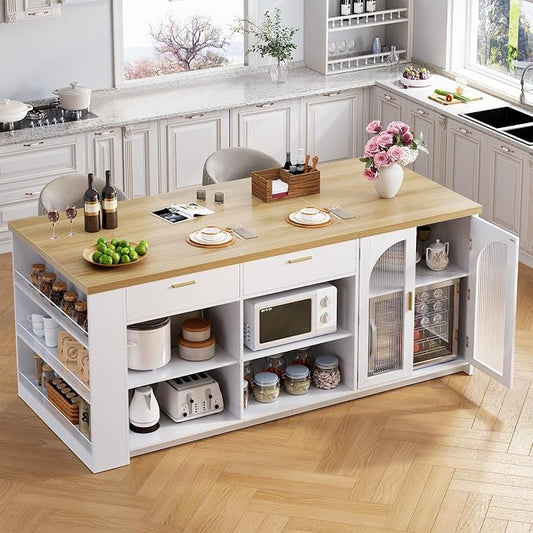 IBF 71" Large Kitchen Island with Storage, Modern Wood Island Table with Seating for 4-6, Stationary Island Cabinet with Drawers & Fridge Space, Counter Height Island Bar for Kitchen, Light Oak