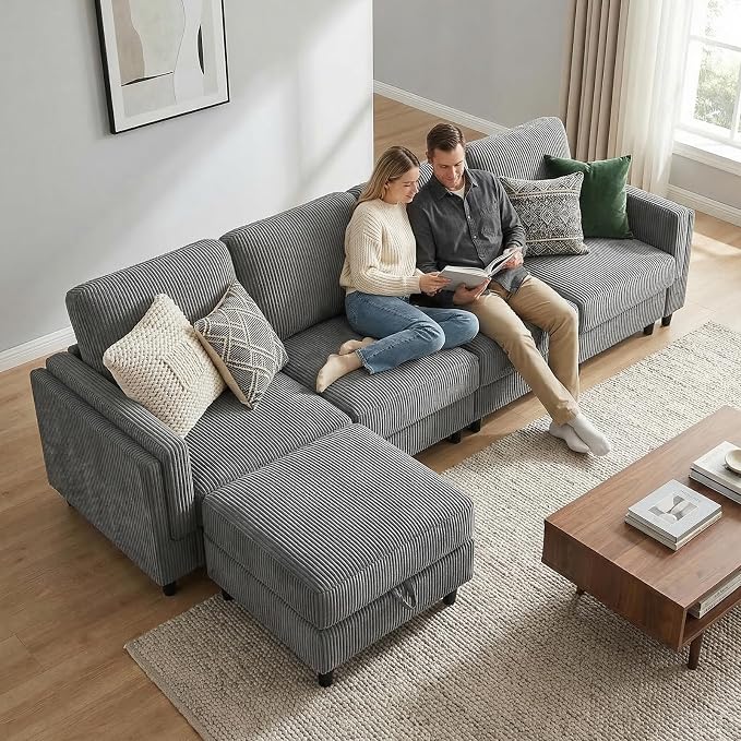 KKL Modular Sectional Sofa Bed with Storage Ottoman, Convertible L/U-Shaped Sleeper Couch for Living Room, Modern Reversible Design(Grey,5 Seater L Shape)