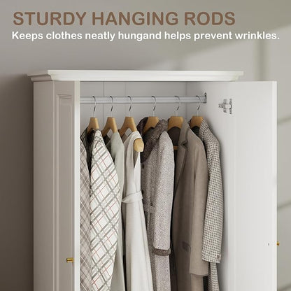 Armoire Wardrobe Closet with Drawers: 74" White Wardrobe Closet with 2 Doors, Tall Bedroom Armoires for Clothes, Wood Closets Cabinet for Hanging Clothes (31.5")