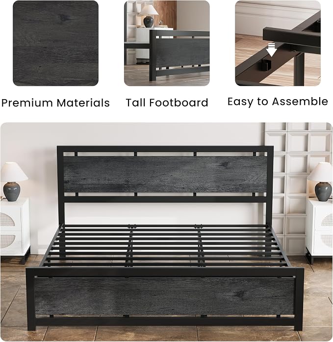 LIKIMIO California King Bed Frame with Headboard and Footboard, Metal Strong Supports, Easy Assembly, Noise-Free, No Box Spring Needed, Charcoal Grey