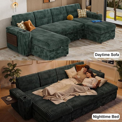 WEUP 108" Modular Sectional Sleeper Sofa with Pull Out Bed, 4 Seat Plush Corduroy U Shaped Couch with USB Ports|Cup Holders|Side Table|Storage Chaise Armrests, Tool Free Assembly, Green