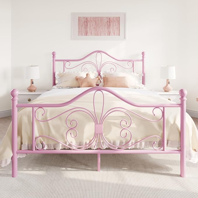 SHA CERLIN Full Size Bed Frame for Kids,Metal Bed Frame with Butterfly Pattern Design Headboard and Footboard,No Box Spring Needed,Easy Assembly,Pink