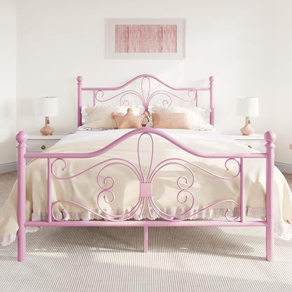 SHA CERLIN Full Size Bed Frame for Kids,Metal Bed Frame with Butterfly Pattern Design Headboard and Footboard,No Box Spring Needed,Easy Assembly,Pink