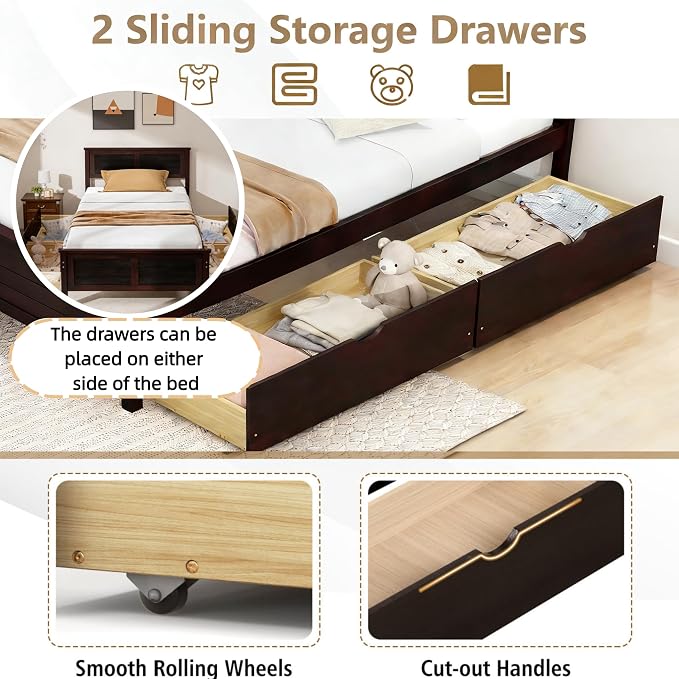 KOMFOTT Twin Size Wood Bed Frame with 2 Storage Drawers, Mid Century Platform Bed Frame with Headboard, Sturdy Wooden Slats Support, Modern Mattress Foundation, No Box Spring Required, Easy Assembly
