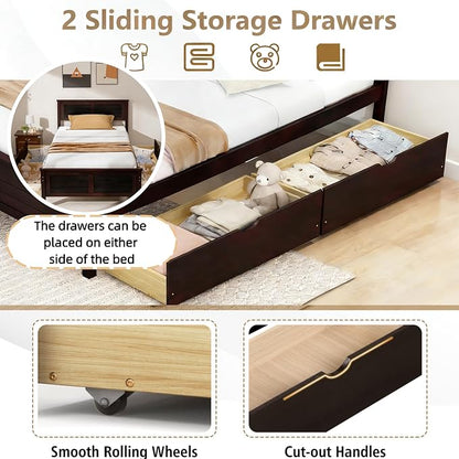KOMFOTT Twin Size Wood Bed Frame with 2 Storage Drawers, Mid Century Platform Bed Frame with Headboard, Sturdy Wooden Slats Support, Modern Mattress Foundation, No Box Spring Required, Easy Assembly