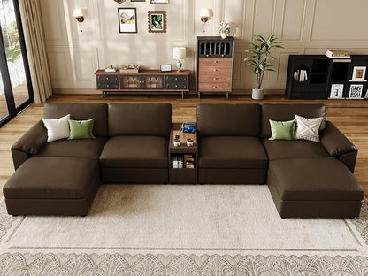 EASE MOOSE Leather Sectional Couch with Console,Oversized Modular Sectional Sofas,Wide Deep Seat Modular Couch, Scratch Resistant Faux Leather Material,U Shaped Sofa for Big Spaces,Deep Brown