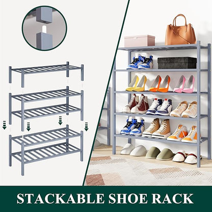 Smiry Bamboo Shoe Rack, 2 Tier Free Standing Wooden Shoe Organizer, Stackable Wood Shoe Storage Shelf for Closet, Entryway, 12 Vertical Slats, One-piece Standard Legs, 26.8"x11"x13", Grey