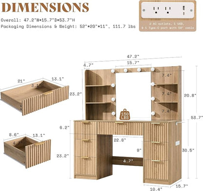 AMERLIFE 47.2" Fluted Vanity Desk with Mirror and Adjustable LED Lights, Large 7 Drawers Makeup Vanity Table with Glass Top and Charging Station for Women and Girls, Bedroom or Dorm, Natural Oak